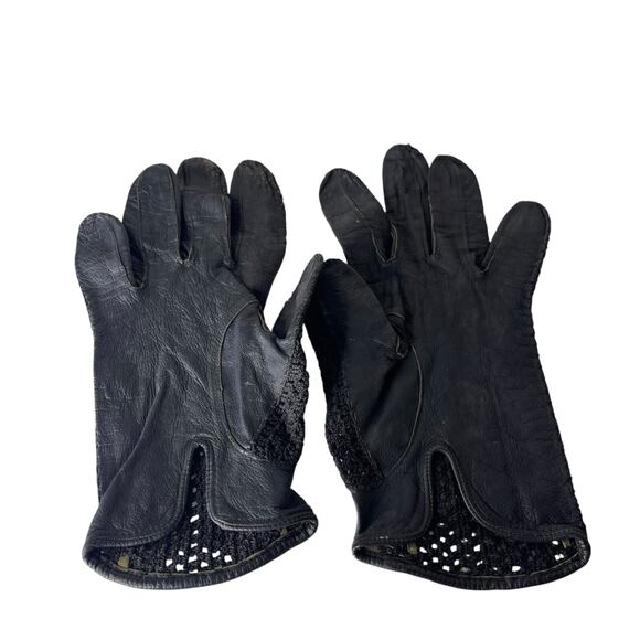 Vintage 80s Black Leather Crochet Driving Gloves Small Lightweight Open Knit - Picture 6 of 16